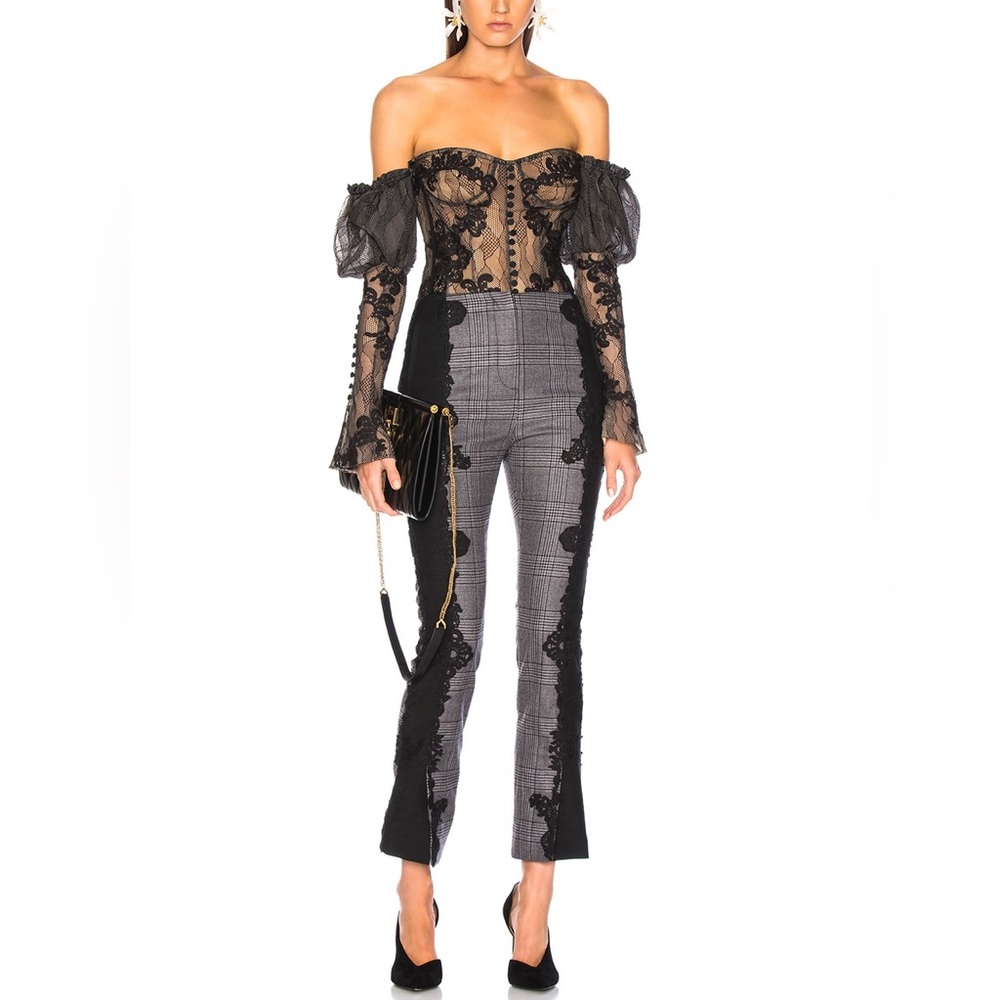 Jonathan Simkhai Wool Plaid lace applique flare whimsigoth pants